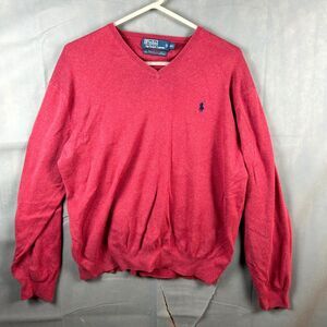 Vintage Polo Ralph Lauren Sweater Mens 2XL Red 100% Cotton Knit V-Neck Pullover